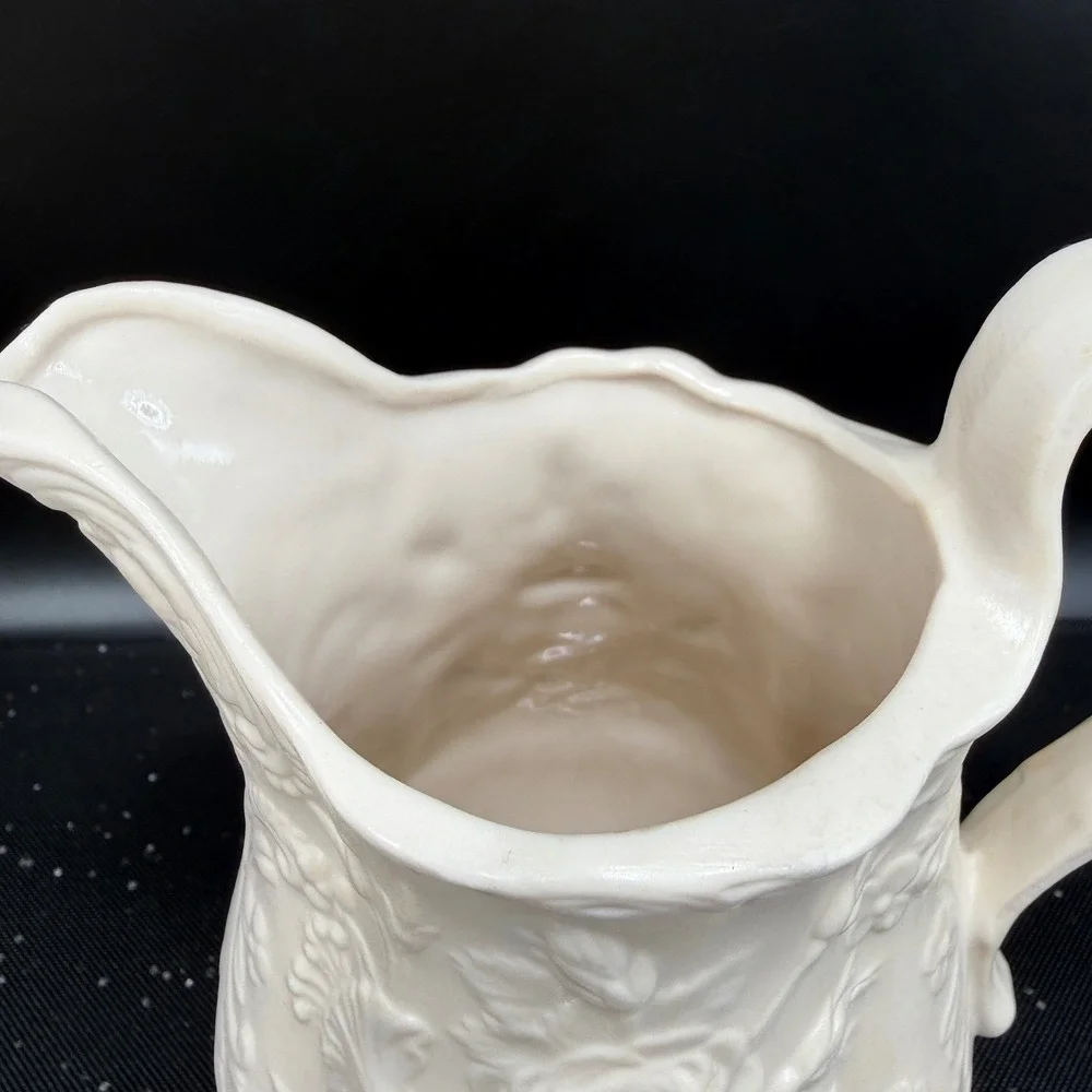 Vintage‎ M Bennett 1974 Embossed Rose Floral Ceramic Pitcher Cream White Signed